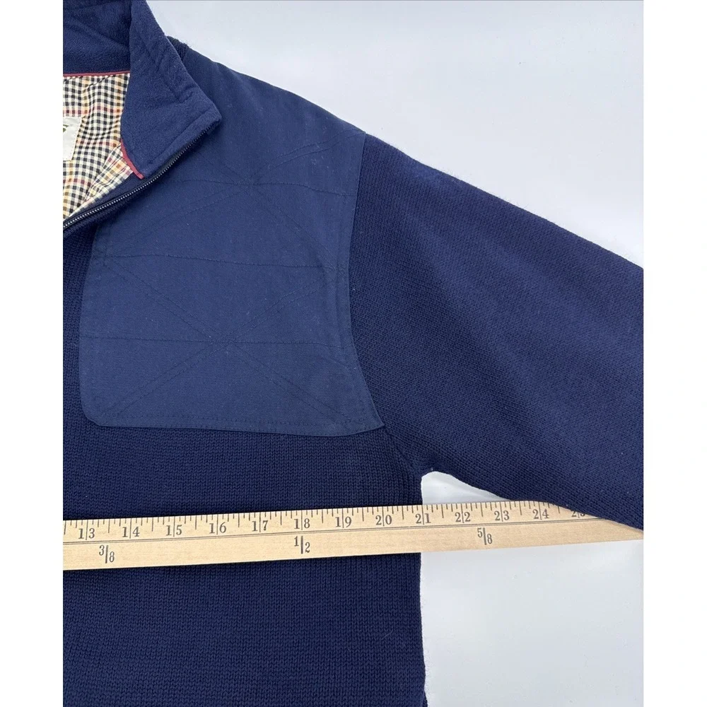 Orvis Men's Wool Sweater Jacket M Full Zip Plaid Lined Navy Shooting Patches